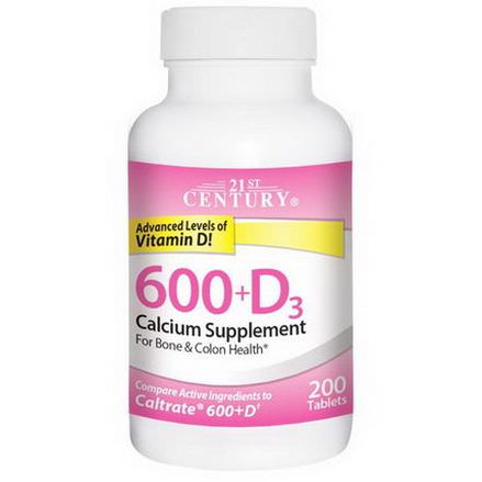 21st Century Health Care, 600+D3, Calcium Supplement, 200 Tablets