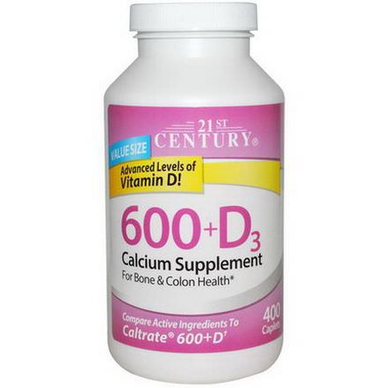 21st Century Health Care, 600+D3, Calcium Supplement, 400 Caplets