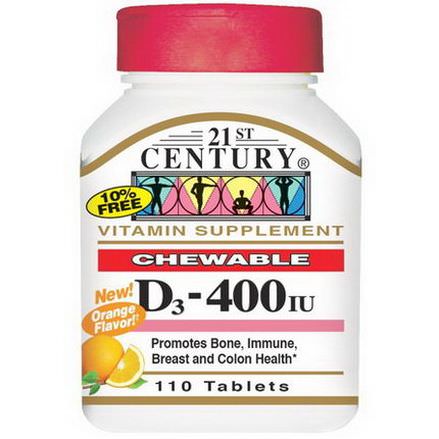 21st Century Health Care, Vitamin D3, Chewable, Orange Flavor, 400 IU, 110 Tablets