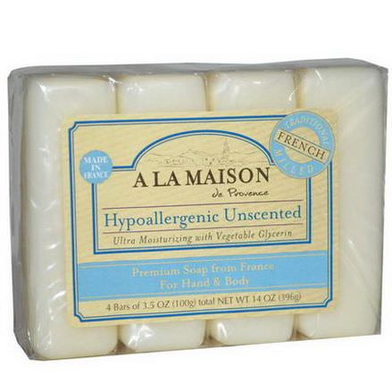A La Maison de Provence, Hand&Body Bar Soap, Hypoallergenic Unscented, 4 Bars 100g Each