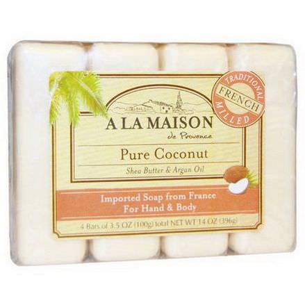 A La Maison de Provence, Hand&Body Bar Soap, Pure Coconut, 4 Bars, 3.5 oz Each