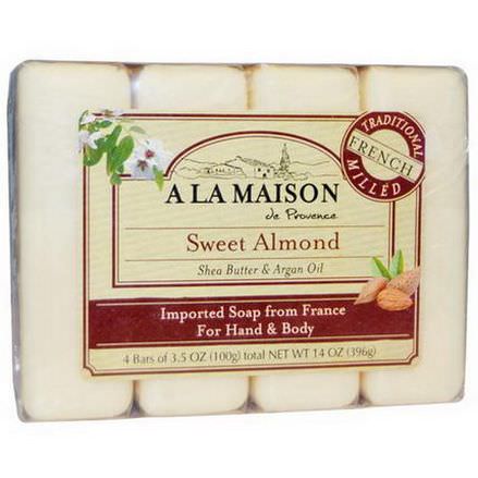 A La Maison de Provence, Hand&Body Bar Soap, Sweet Almond, 4 Bars, 3.5 oz Each