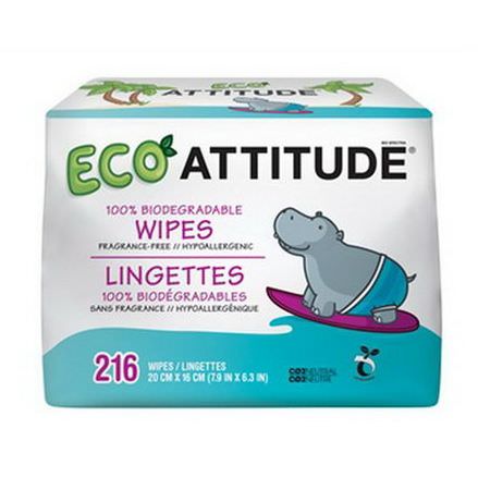 ATTITUDE, Eco Wipes, Fragrance-Free, 216 Wipes