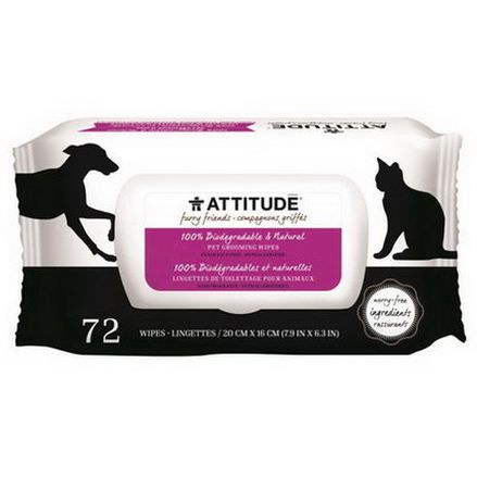 ATTITUDE, Furry Friends, 100% Biodegradable&Natural Pet Grooming Wipes, Fragrance-Free, 72 Wipes