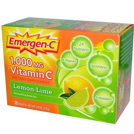Alacer, Emergen-C, Vitamin C, Flavored Fizzy Drink Mix, Lemon-Lime, 1000mg, 30 Packets, 9.3g Each