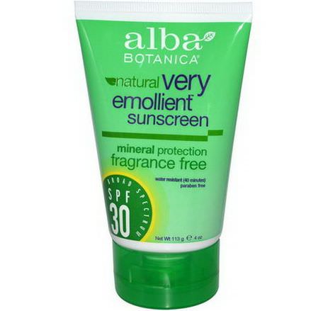 Alba Botanica, Natural Very Emollient Sunscreen, Fragrance Free, SPF 30 113g