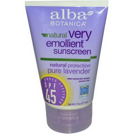 Alba Botanica, Natural Very Emollient Sunscreen, Pure Lavender, SPF 45, Pure Lavender 4 oz