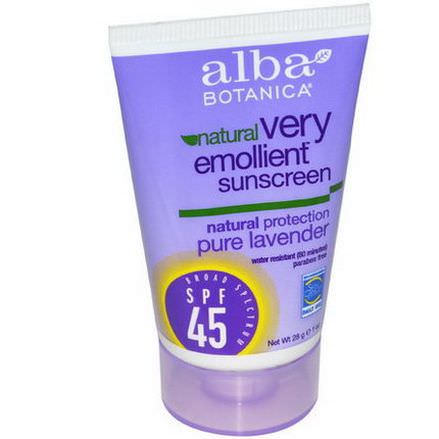 Alba Botanica, Very Emollient Sunscreen, SPF 45, Pure Lavender 28g