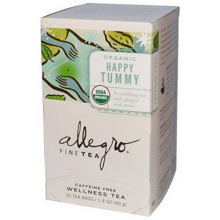 Allegro Fine Tea, Organic Wellness Tea, Happy Tummy, Caffeine Free, 20 Tea Bags 40g