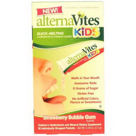 AlternaVites, Kids, Quick-Melting Multivitamin&Mineral Crystals, Strawberry Bubble Gum Flavor, 30 Packets 2.5g Each