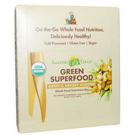 Amazing Grass, Organic, Green Superfood, Whole Food Nutrition Bar, Sweet&Savory Almond, 12 Bars 45g Each