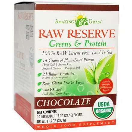 Amazing Grass, Organic, Raw Reserve, Greens&Protein, Chocolate, 10 Packets 32.7g Each