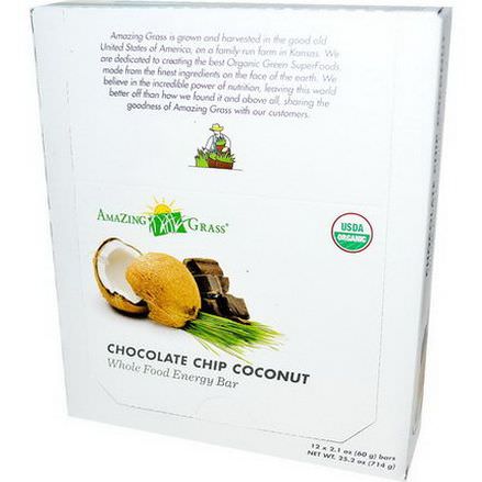 Amazing Grass, Whole Food Energy Bar, Chocolate Chip Coconut, 12 Bars 60g Each