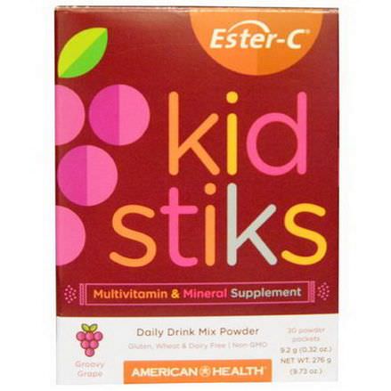 American Health, Ester-C Kidstiks, Daily Drink Mix Powder, Groovy Grape Flavor, 30 Powder Packets 9.2g Each