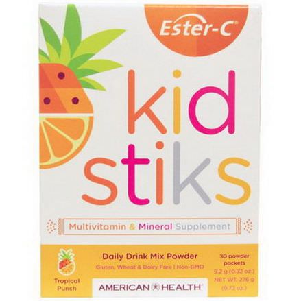 American Health, Ester-C Kidstiks, Daily Drink Mix Powder, Tropical Punch Flavor, 30 Powder Packets 0.32 oz Each