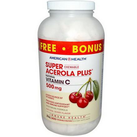 American Health, Super Chewable Acerola Plus, Natural Berry Flavor, 500mg, 300 Chewable Wafers