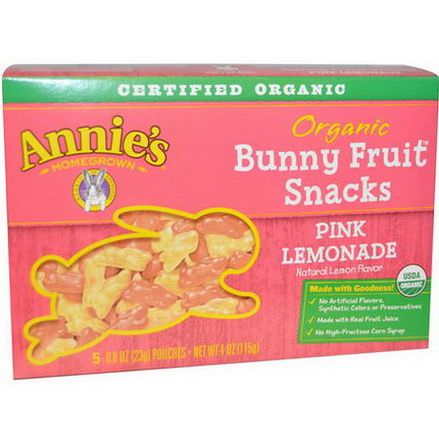 Annie's Homegrown, Organic Bunny Fruit Snack, Pink Lemonade, 5 Pouches 23g Each