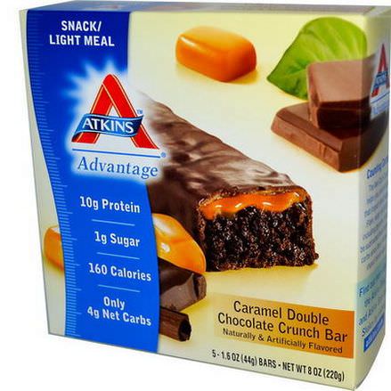 Atkins, Advantage, Caramel Double Chocolate Crunch Bar, 5 Bars 44g Each
