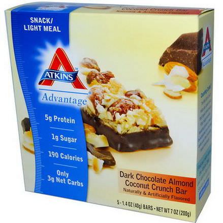 Atkins, Advantage, Dark Chocolate Almond Coconut Crunch Bar, 5 Bars 40g Each