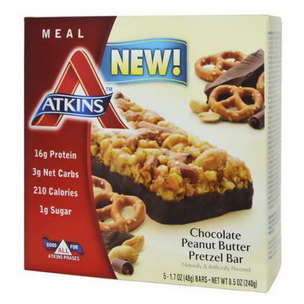 Atkins, Chocolate Peanut Butter Pretzel Bar, 5 Bars 48g Each