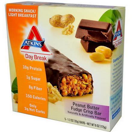 Atkins, Day Break, Peanut Butter Crisp Fudge Crisp Bar, 5 Bars 35g Each