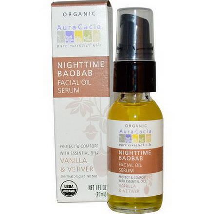Aura Cacia, Nighttime Baobab Facial Oil Serum, Vanilla&Vetiver 30ml