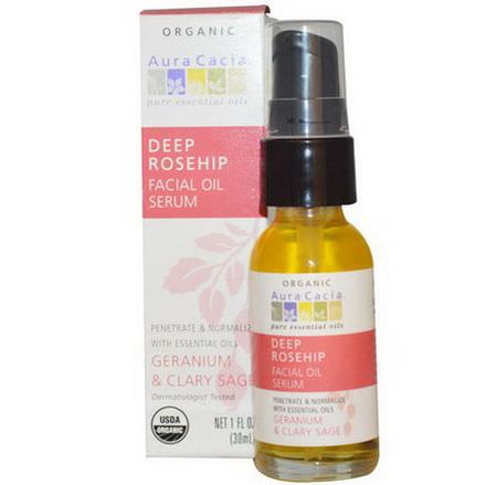 Aura Cacia, Organic Deep Rosehip Essentials Facial Oil Serum, Geranium&Clary Sage 30ml