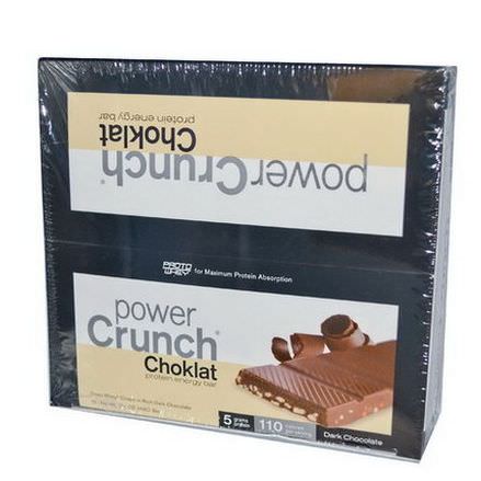 BNRG, Power Crunch, Protein Energy Bar, Choklat, Dark Chocolate, 12 Bars 43g Each