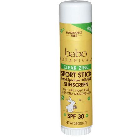 Babo Botanicals, Clear Zinc, Sport Stick Sunscreen, SPF 30, Fragrance Free 17g