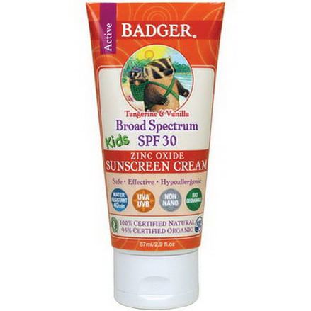 Badger Company, Active Kids, Zinc Oxide Sunscreen Cream, SPF 30, Tangerine&Vanilla 87ml