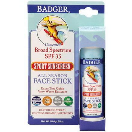 Badger Company, All Season Face Stick, Sport Sunscreen, SPF 35, Unscented 18.4g