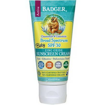 Badger Company, Baby Sunscreen Cream, Broad Spectrum SPF 30, Chamomile&Calendula 87ml