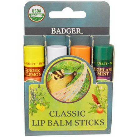 Badger Company, Classic Lip Balm Sticks, 4 Sticks 4.2g Each