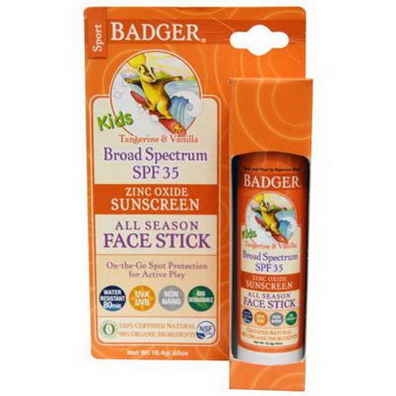 Badger Company, Kids Zinc Oxide Sunscreen All Season Face Stick, SPF 35, Tangerine&Vanilla 18.4g