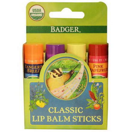 Badger Company, Organic Classic Lip Balm Sticks, 4 Lip Balm Sticks 4.2g Each