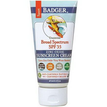 Badger Company, Sport Sunscreen Cream, Broad Spectrum SPF 35, Unscented 87ml