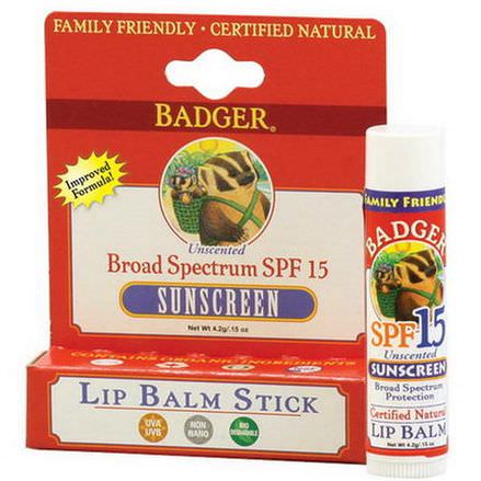 Badger Company, Sunscreen Lip Balm Stick, SPF 15, Unscented 4.2g