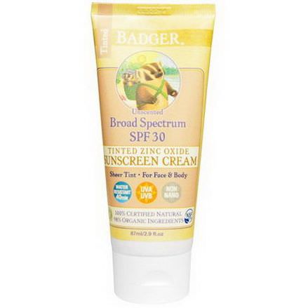 Badger Company, Tinted Zinc Oxide Sunscreen Cream, Broad Spectrum SPF 30, Unscented 87ml