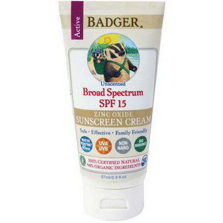 Badger Company, Zinc Oxide Sunscreen Cream, Broad Spectrum SPF 15, Unscented 87ml