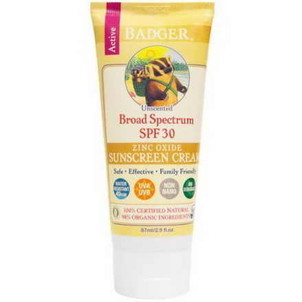 Badger Company, Zinc Oxide Sunscreen Cream, SPF 30, Unscented 87ml