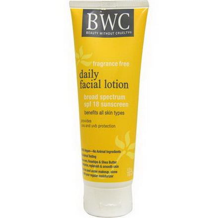 Beauty Without Cruelty, Daily Facial Lotion, SPF 18, Fragrance Free, 4 fl oz 118ml