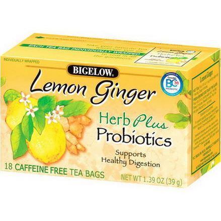 Bigelow, Herb Plus Probiotics, Lemon Ginger, Caffeine Free, 18 Tea Bags 39g