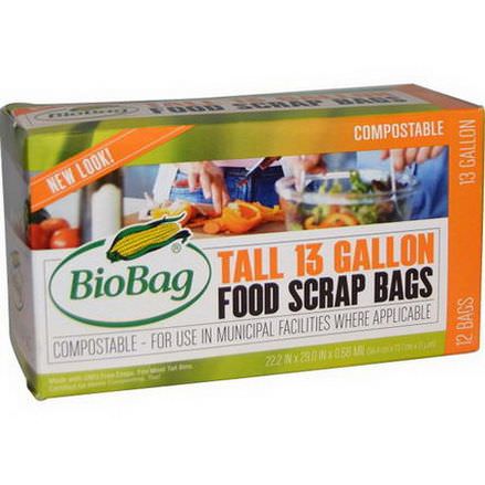 Biobag, Tall 13 Gallon Food Scrap Bags, 12 Bags, 22.2 in x 29.0 in x .68mil