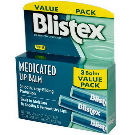 Blistex, Medicated Lip Balm, Lip Protectant/Sunscreen, SPF 15, 3 Balm Value Pack 4.25g Each