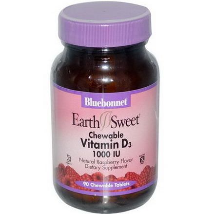 Bluebonnet Nutrition, Earth Sweet, Chewable Vitamin D3, 1000 IU, Natural Raspberry Flavor, 90 Chewable Tablets