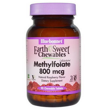 Bluebonnet Nutrition, EarthSweet Chewables, CellularActive Methylfolate, Natural Raspberry Flavor, 800mcg, 90 Chewable Tablets