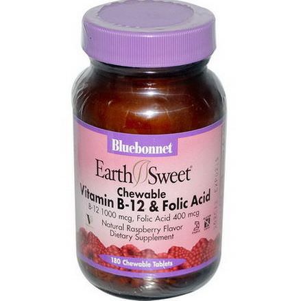 Bluebonnet Nutrition, EarthSweet, Vitamin B-12&Folic Acid, Natural Raspberry Flavor, 180 Chewable Tablets