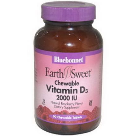 Bluebonnet Nutrition, EarthSweet, Vitamin D3, Natural Raspberry Flavor, 2000 IU, 90 Chewable Tablets