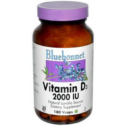 Bluebonnet Nutrition, Vitamin D3, 2000 IU, 180 Vcaps