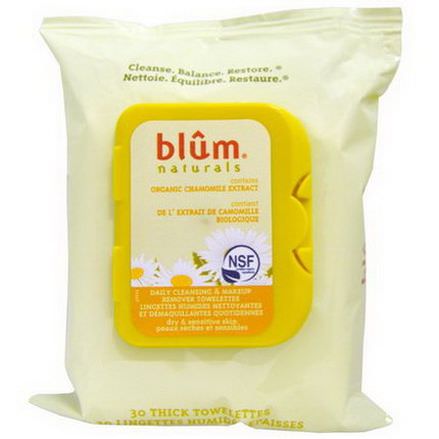 Blum Naturals, Daily Cleansing&Makeup Remover Towelettes, 30 Thick Towelettes
